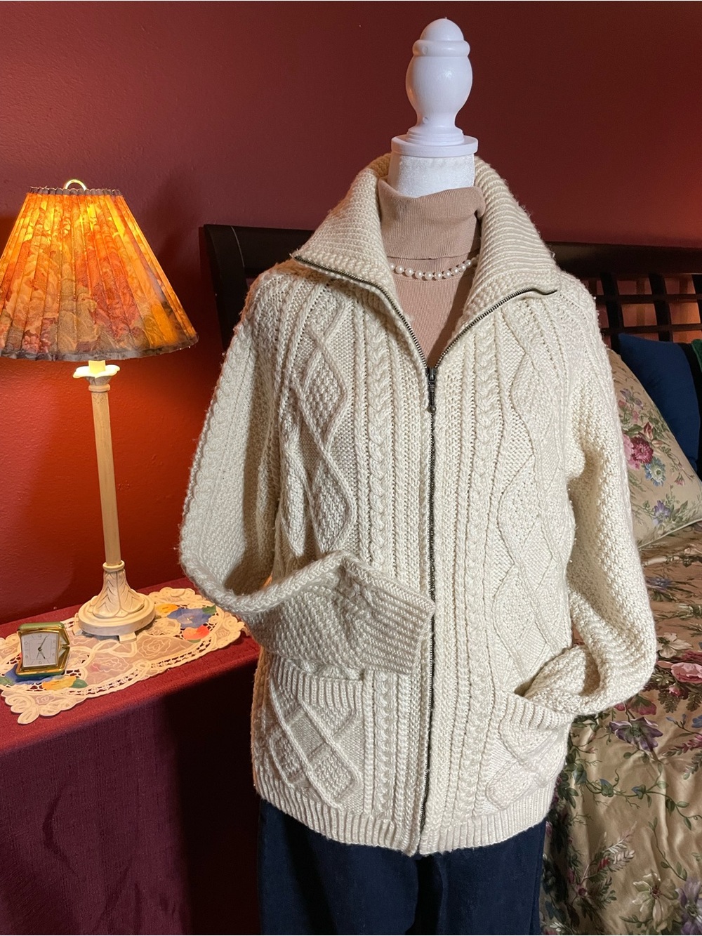 Vintage Carraig Donn Irish Fisherman Cardigan Cream Full Zip 100% MerinoWool SzS